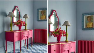 blue hallway with pink console table with pink painted radiator and scalloped mirror to show a creative paint color idea for hallways