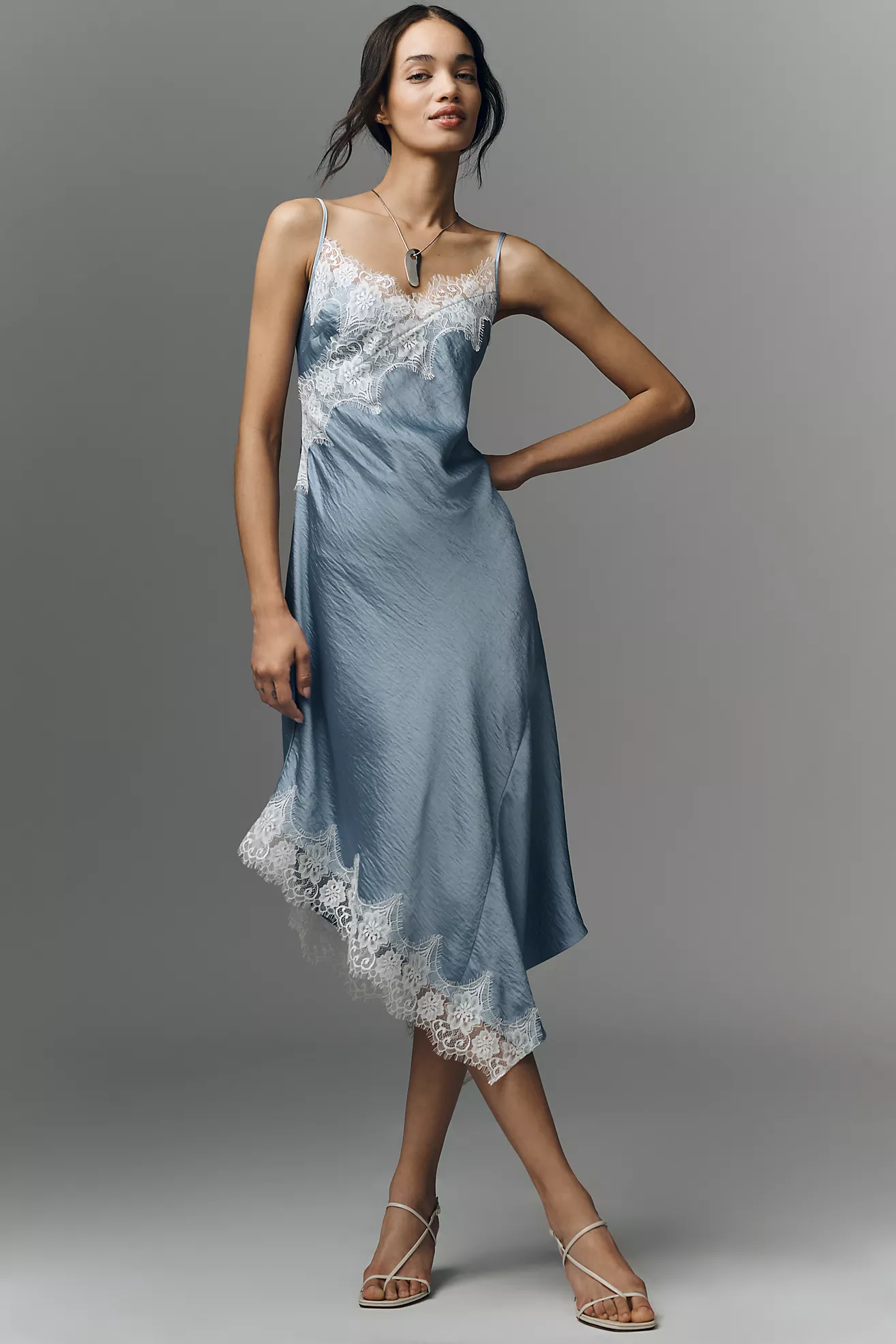 By Anthropologie Asymmetric Sleeveless Lace Slip Dress