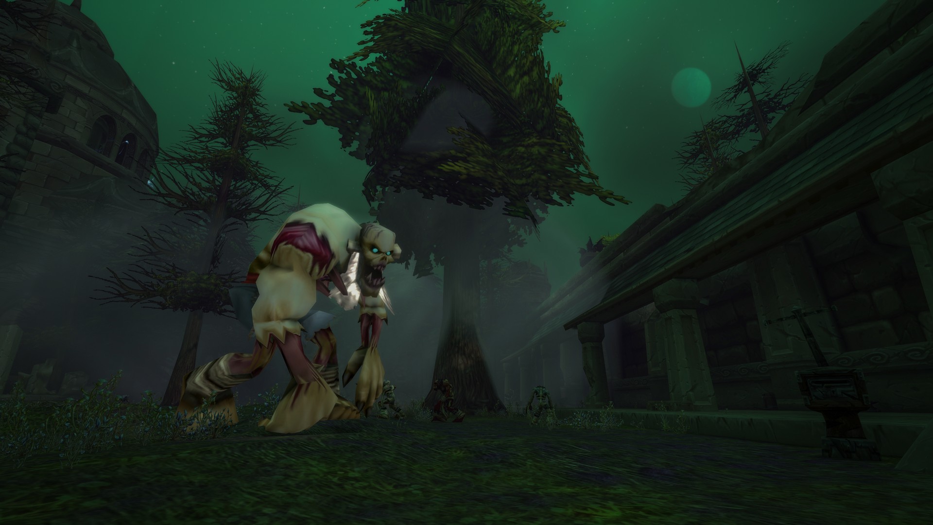 A zombie-like enemy patrols the Lordaeron dungeon exterior in World of Warcraft: Forever, surrounded by deep, green fog