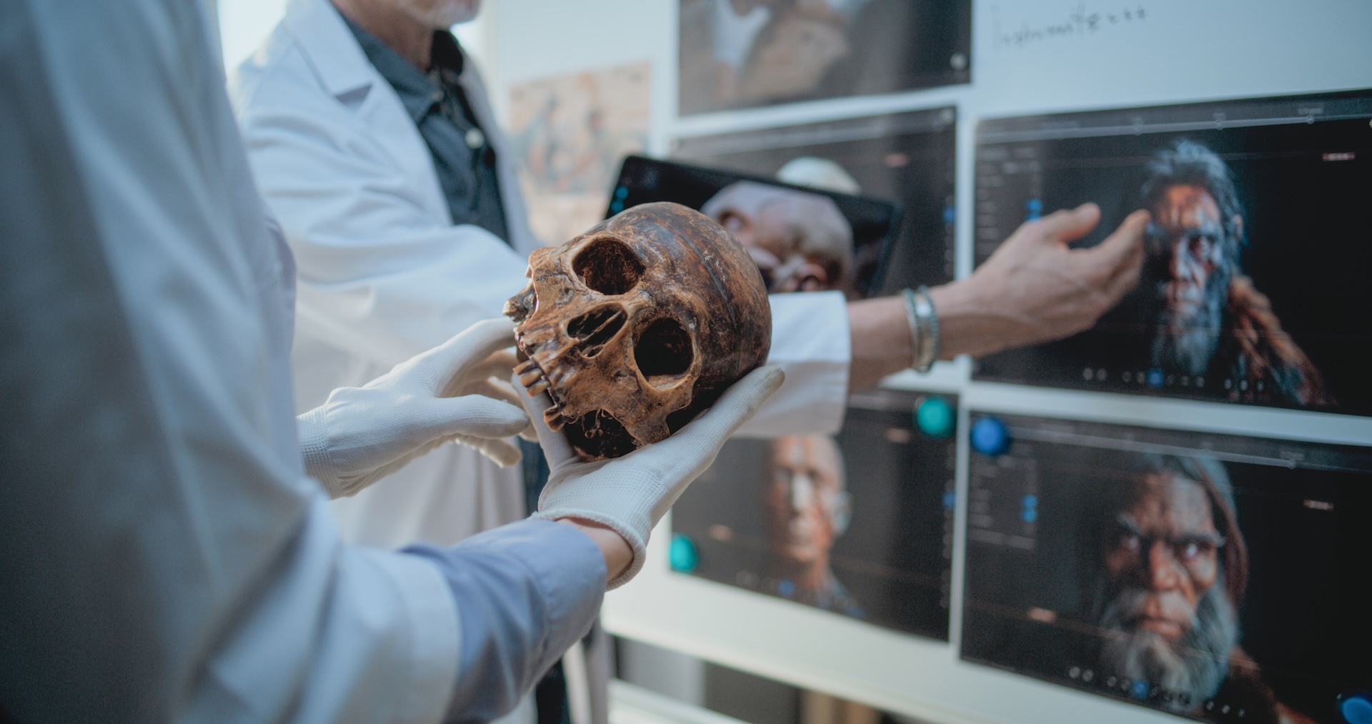a scientist holds a skull in their hands with a series of screens in the background