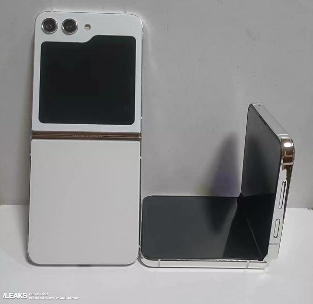 A leaked Galaxy Z Flip 5 dummy unit in white.