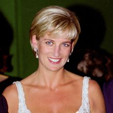 Princess Diana wears a sparkly white dress and has short blonde hair, while her brother Earl Charles Spencer wears a blue suit and has gray hair