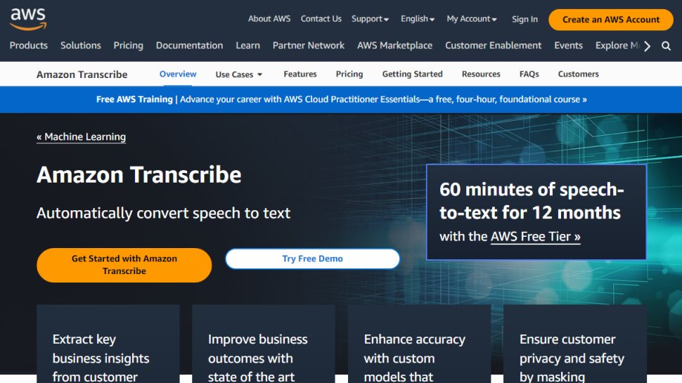 Website screenshot for Amazon Transcribe