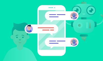 A robo advisor helps his client chatting with him via the smartphone Chatbot concept. Colorful illustration