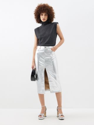 Oaklyn Metallic Faux-Leather Midi Skirt