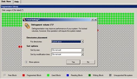 A screenshot image of Total Defrag 2010 shows how each defragmentation session starts with a box asking for specific parameters such as file sorting strategies.