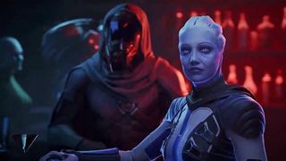 A blue-skinned woman in futuristic armor faces forward, with a hooded, masked figure behind her in a dim, red-lit sci-fi crowd, creating a tense mood.
