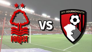 The Nottingham Forest and AFC Bournemouth club badges on top of a photo of the City Ground in Nottingham, England