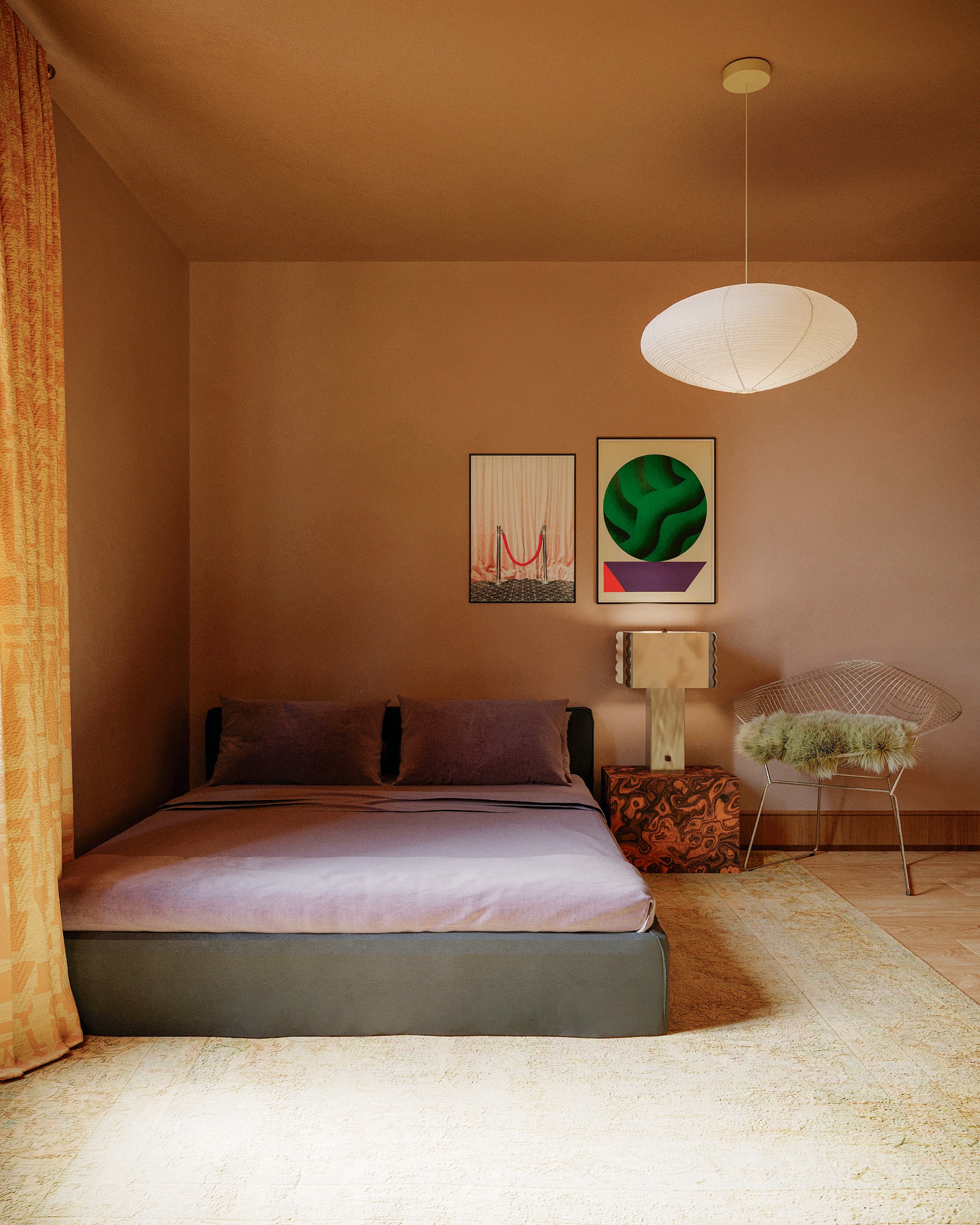Bedroom with tobacco walls, purple bed linen, abstract artwork and chrome mesh chair, plus burl wood side table