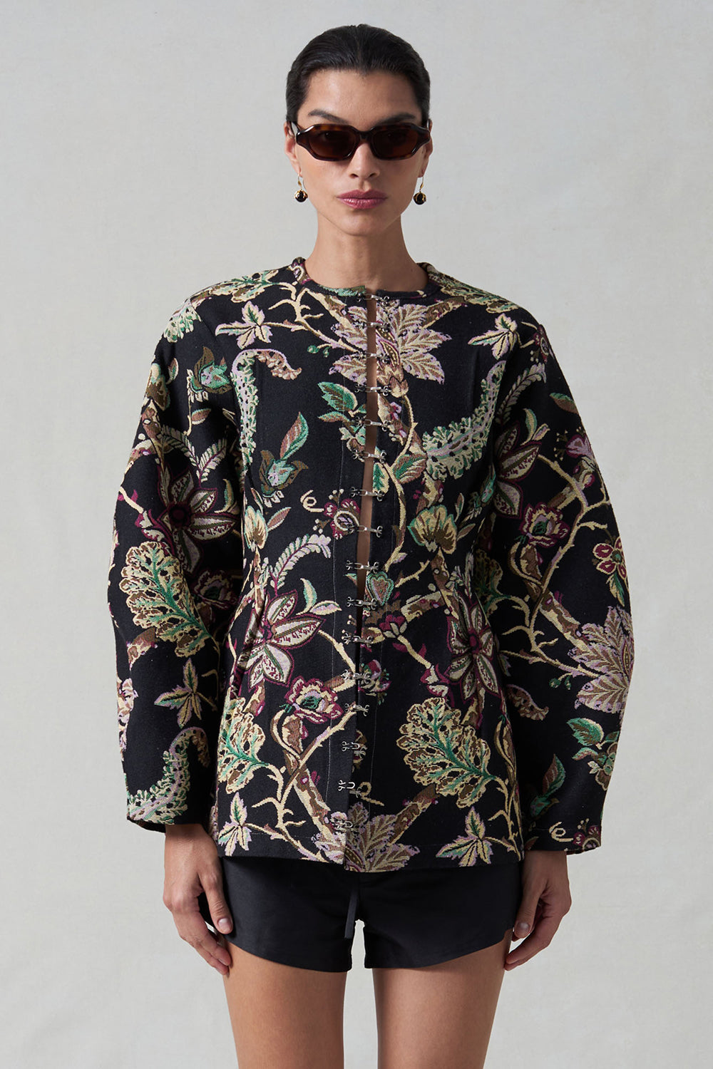 Pinch Waist Cardigan Black Jacquard