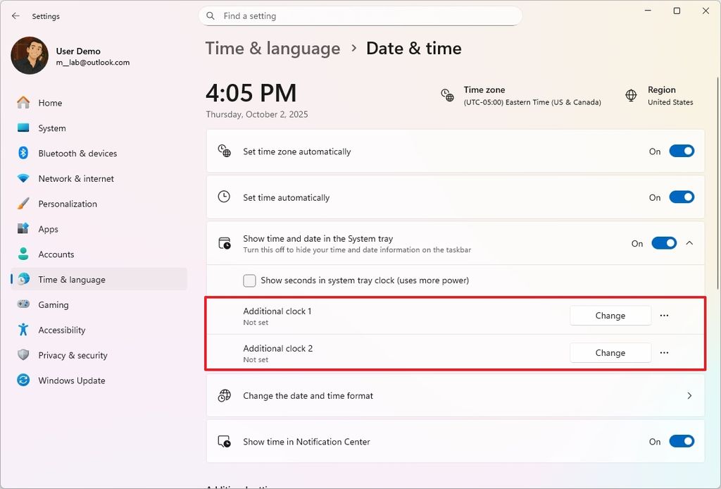 Windows 11 Settings add additional clocks