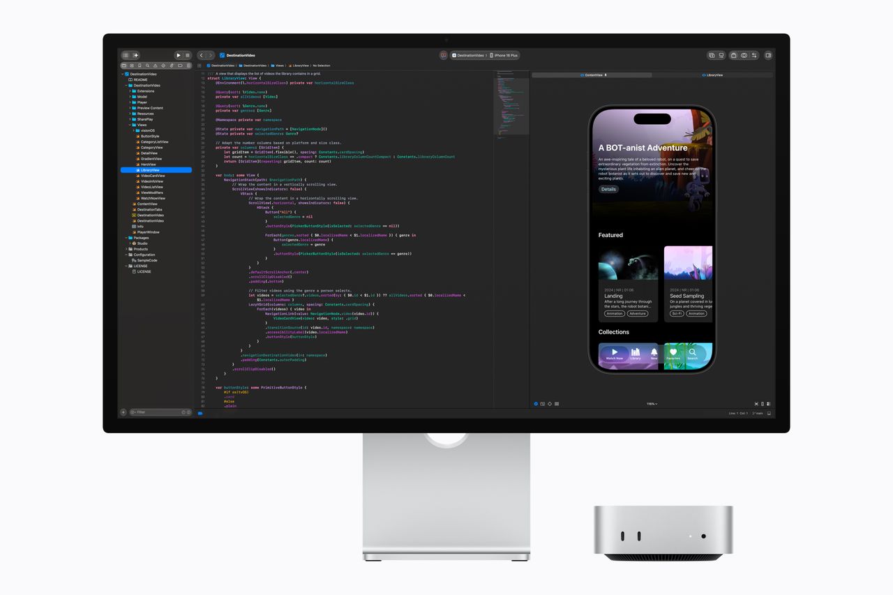 The Apple Mac Mini with M6 chip pictured against a white background with Apple Xcode application pictured on a desktop monitor.