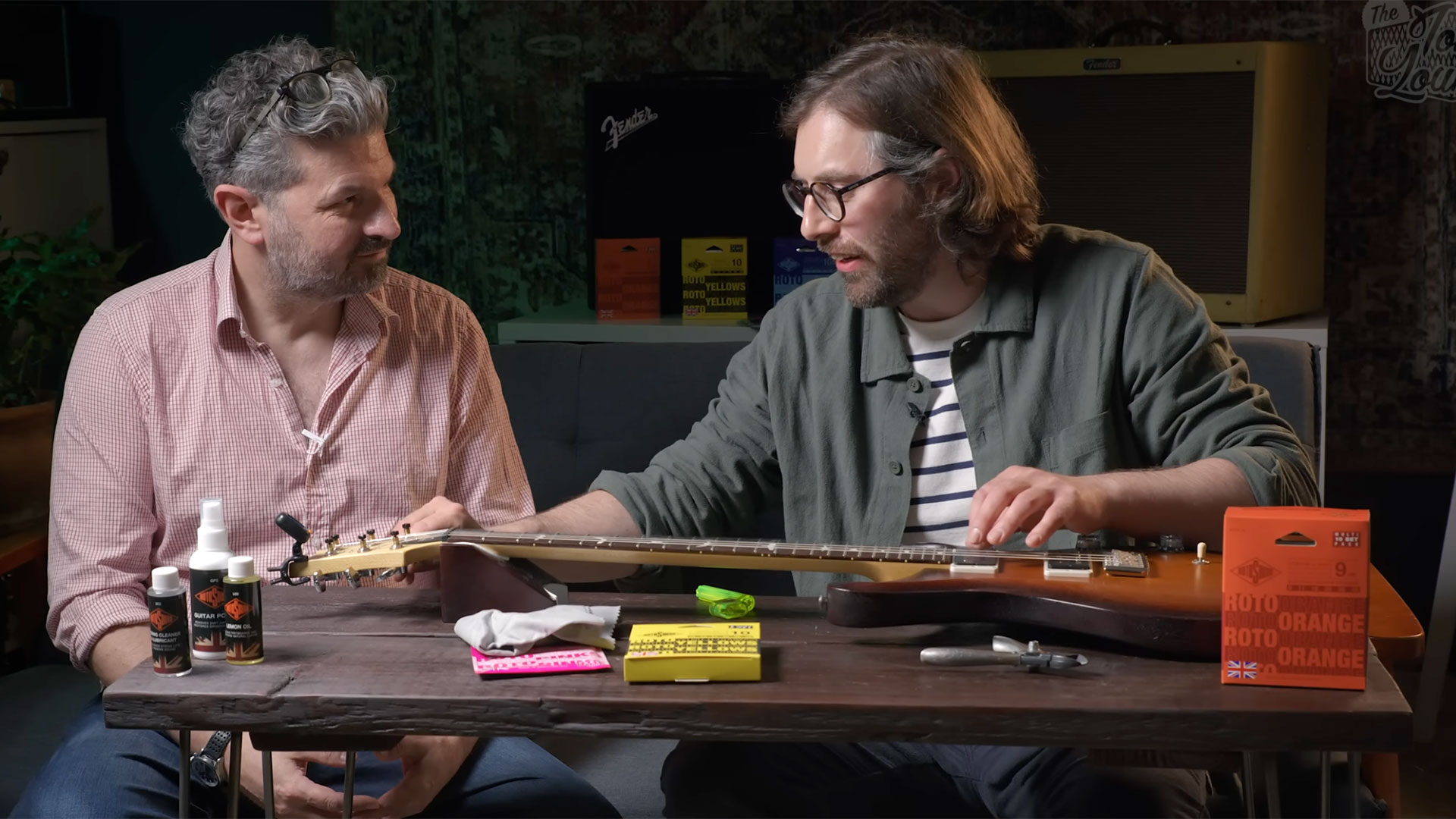 Guitarist Editor Jamie Dickson and Rotosound&rsquo;s Jack Dunwoody changing strings