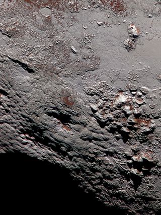 A composite photo of Wright Mons, one of two potential cryovolcanoes spotted on the surface of Pluto by New Horizons in July 2015.