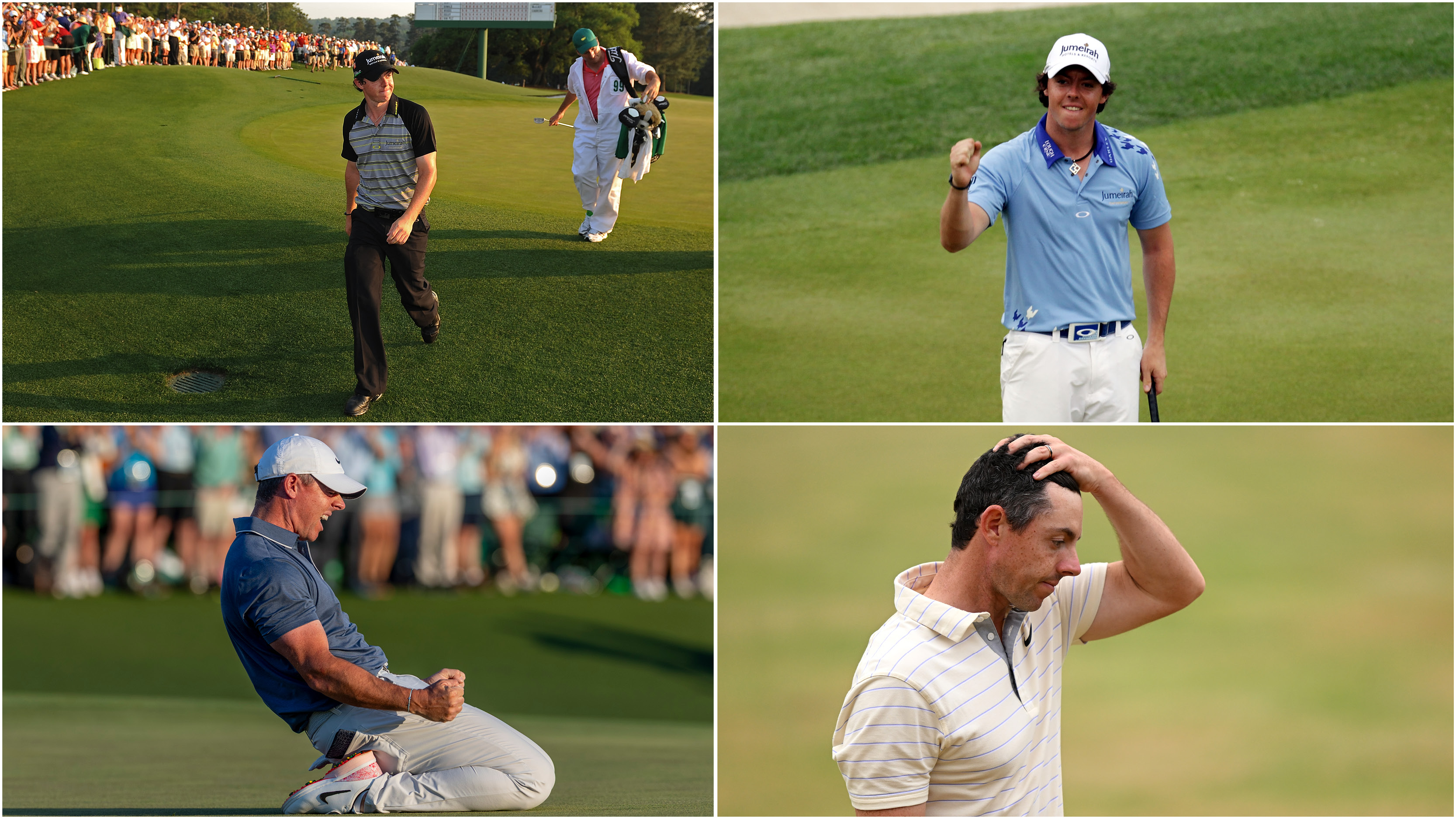 A montage of Rory McIlroy's disappointments and wins in Majors when holding the 54-hole lead: the 2011 Masters, the 2011 US Open, the 2025 Masters and the 2022 Open