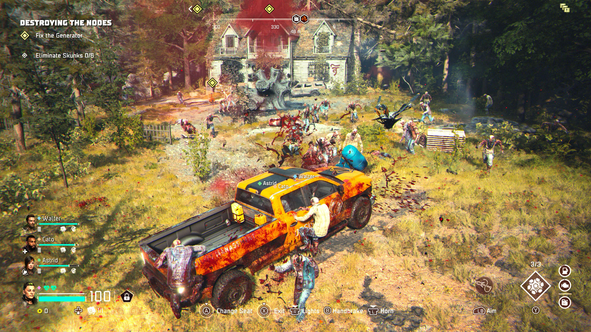 Players drive a yellow truck through the zombie horde towards a house in the woods as zombies swarm in John Carpenter's Toxic Commando