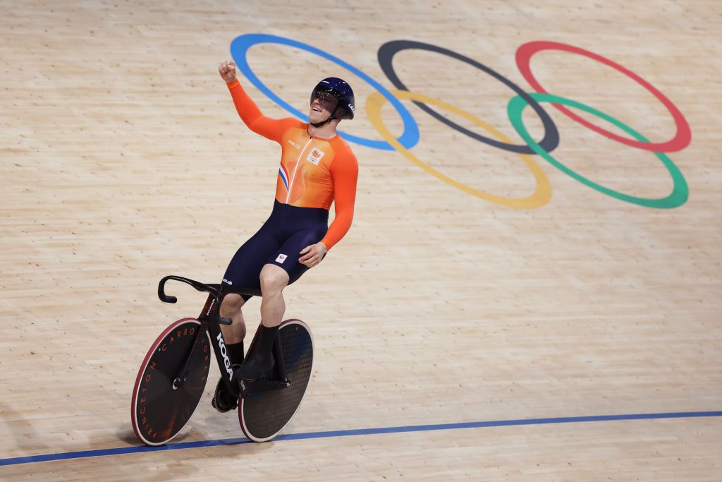 PARIS FRANCE AUGUST 06 Harrie Lavreysen of Team Netherlands celebrates during the Mens Team Sprint First Round on day eleven of the Olympic Games Paris 2024 at SaintQuentinenYvelines Velodrome on August 06 2024 in Paris France Photo by Tim de WaeleGetty Images