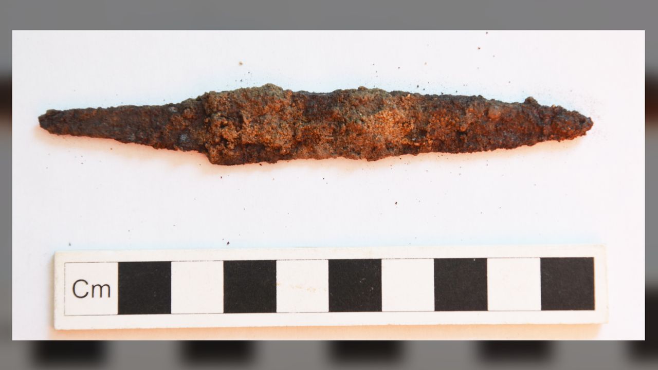 The finds in the royal compound include this knife made of iron, which may have been an everyday implement for eating or working, rather than a weapon.