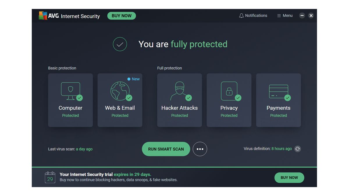 A screenshot of AVG Internet Security&amp;#039;s main dashboard