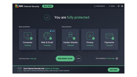 A screenshot of AVG Internet Security's main dashboard