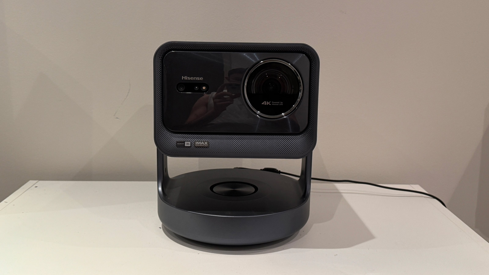 The Hisense C2 Ultra projector viewed from the front.
