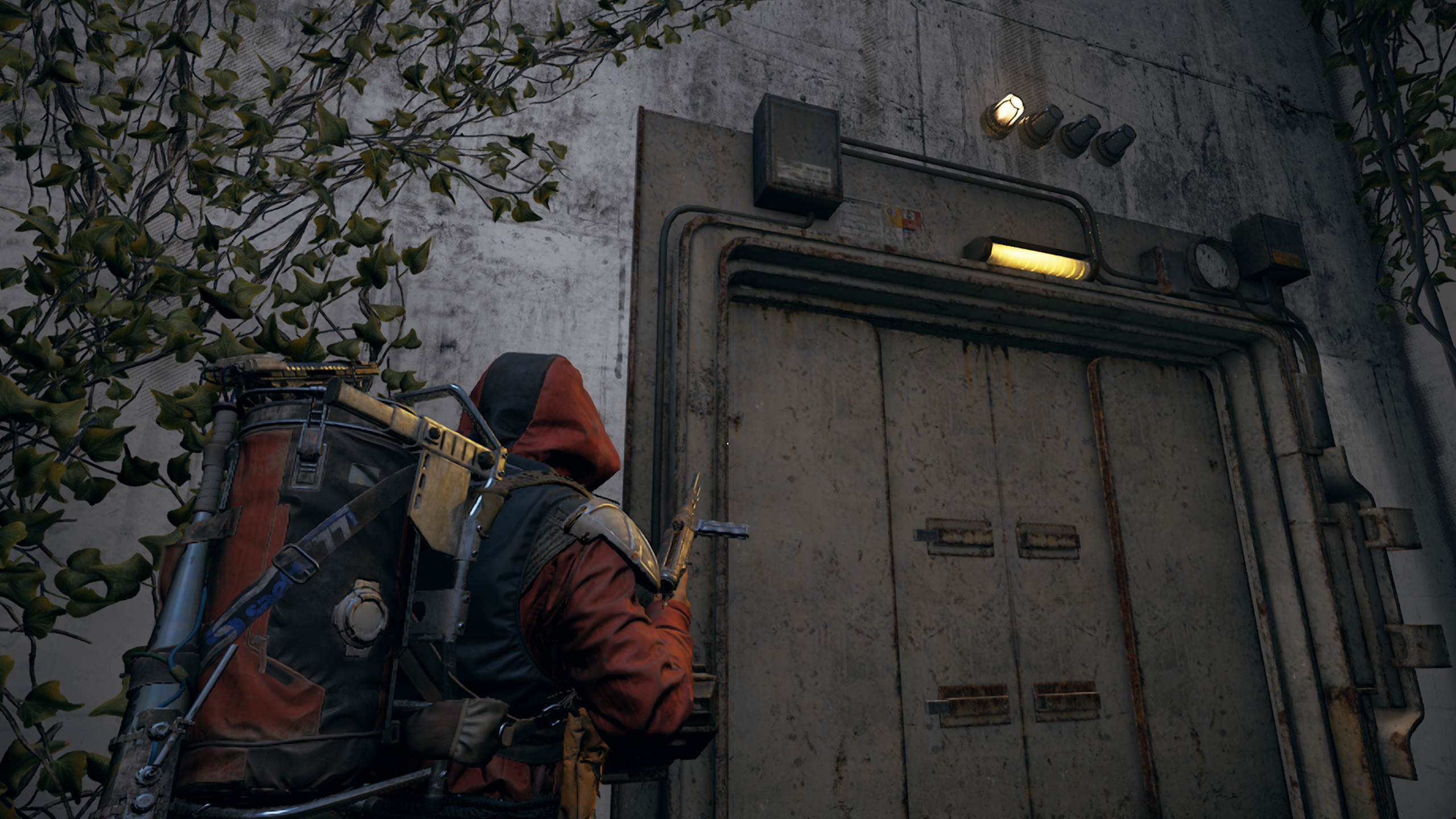 Arc Raiders Controlled Access Zone puzzle: A player looking at a locked door with four lights above it in an overgrown facility.