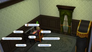 The option menu shows how to choose fill out reports in The Sims 4