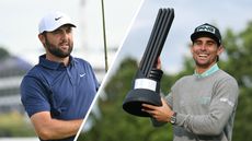 Scottie Scheffler hits an iron shot during the final round of the 2025 Open Championship (left) while Joaquin Niemann holds the LIV Golf UK trophy aloft (right)
