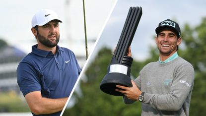 Scottie Scheffler hits an iron shot during the final round of the 2025 Open Championship (left) while Joaquin Niemann holds the LIV Golf UK trophy aloft (right)