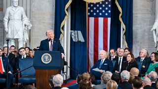 U.S. President Donald Trump speaks after being sworn in at his inauguration in the U.S. Capitol Rotunda on January 20, 2025 in Washington, DC.