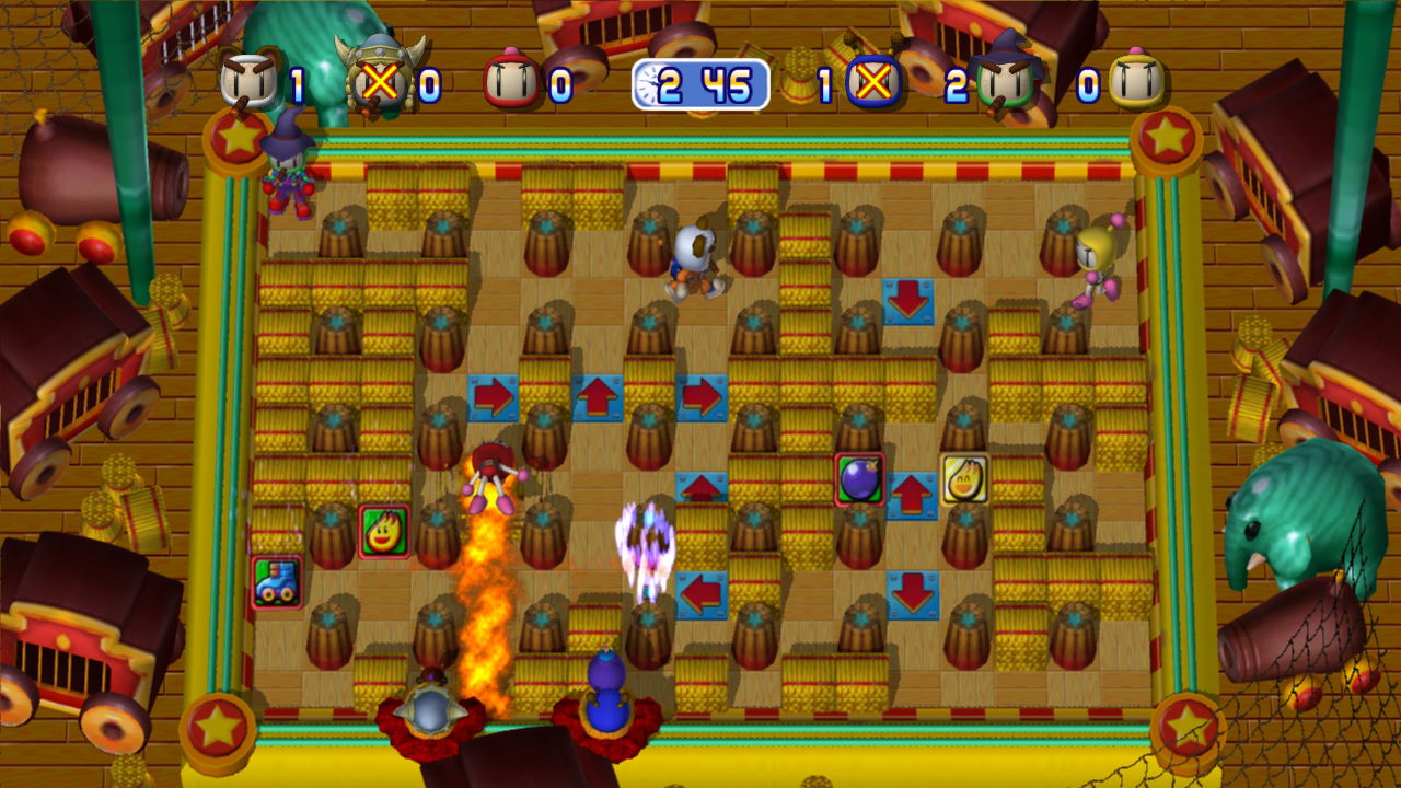 A match of Bomberman Ultra with explosions, barrels, and circus-like carriages