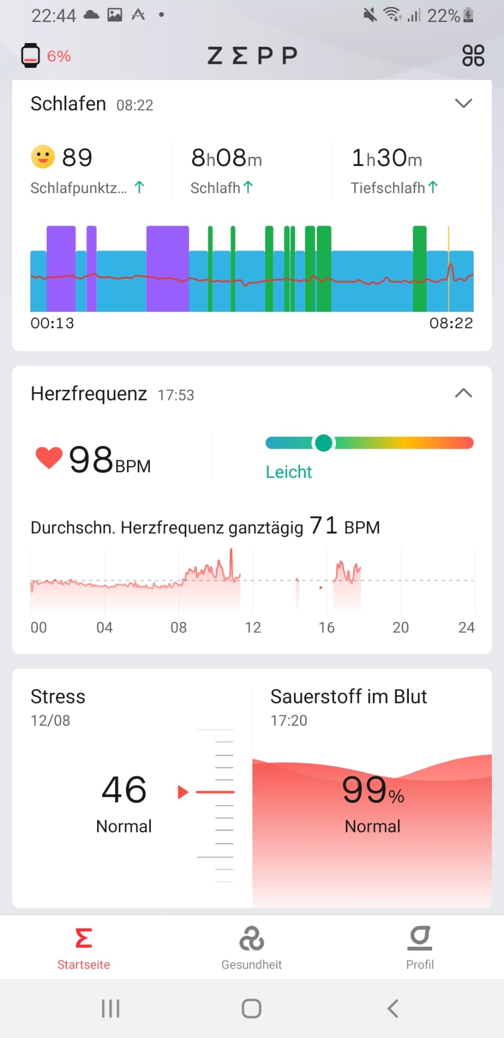 Ein Screenshot der Zepp App der GTS 3