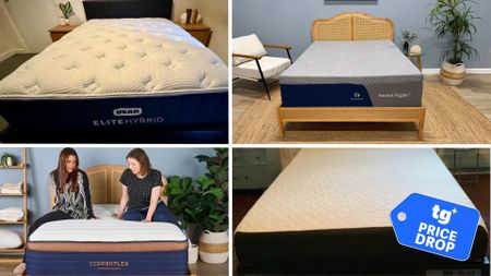 A collage of images of cooling mattresses. A deals badge is seen in the bottom right foreground. 