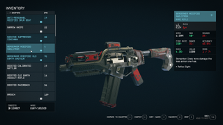 Starfield inventory screen with machine gun in the middle and item description on the right