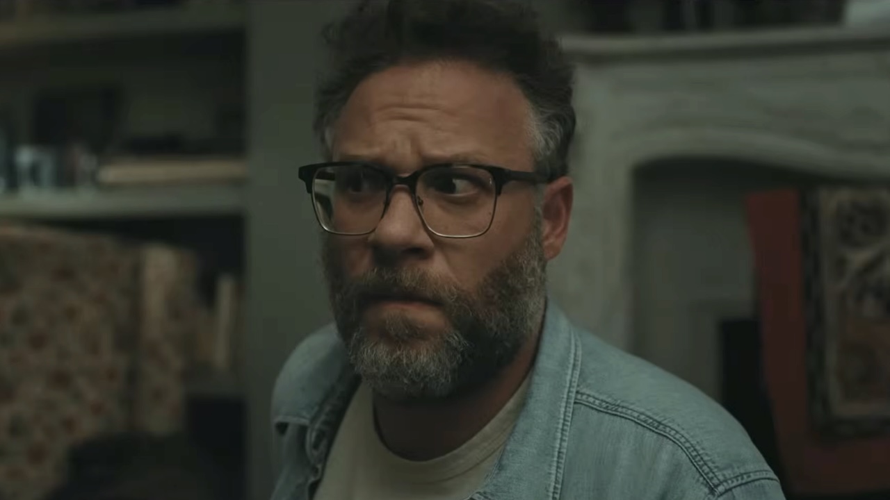 Seth Rogen in glasses looking suspicious in The Invite