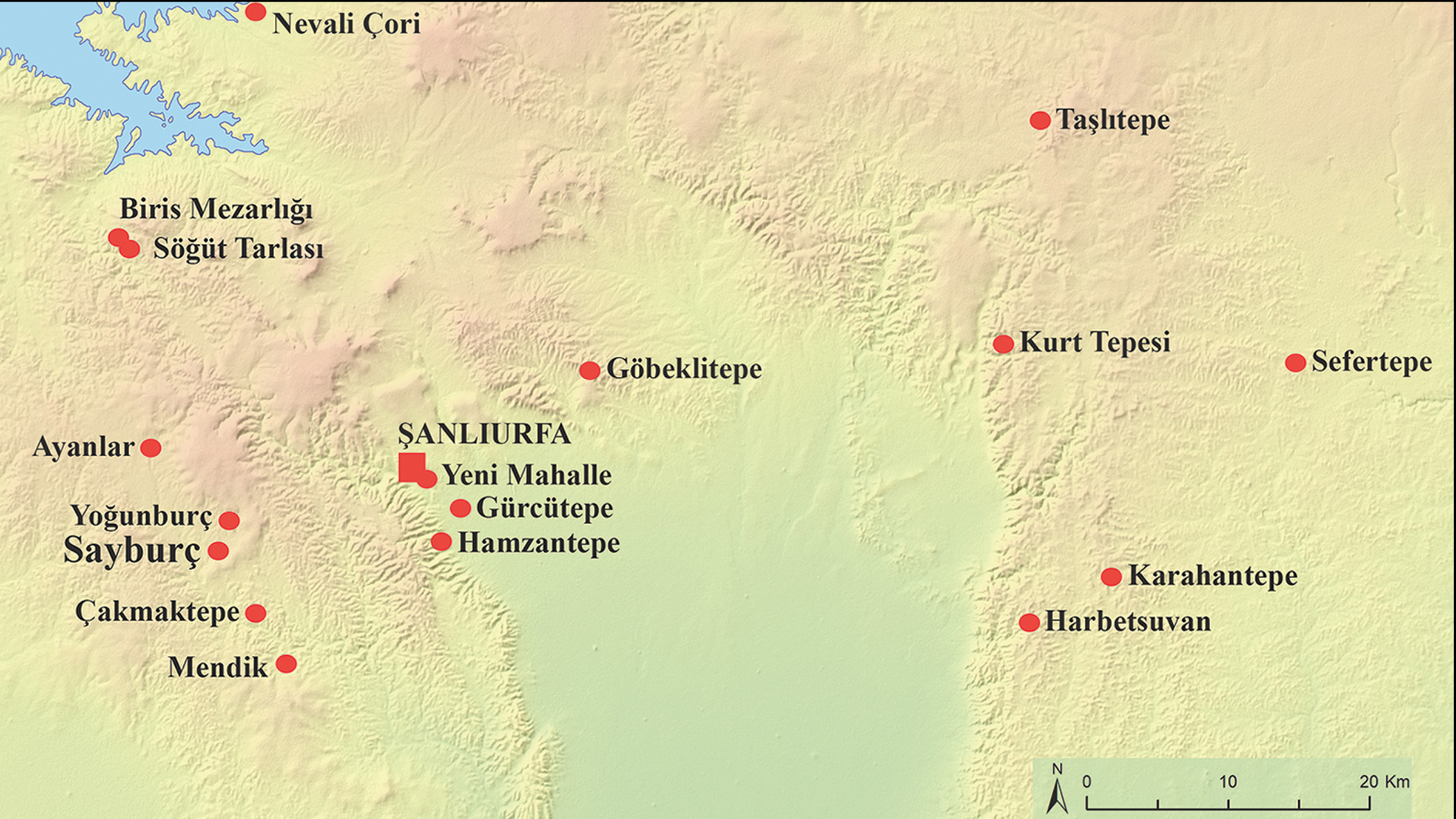 This map shows Neolithic sites in Urfa (also known as Şanlıurfa), Turkey.