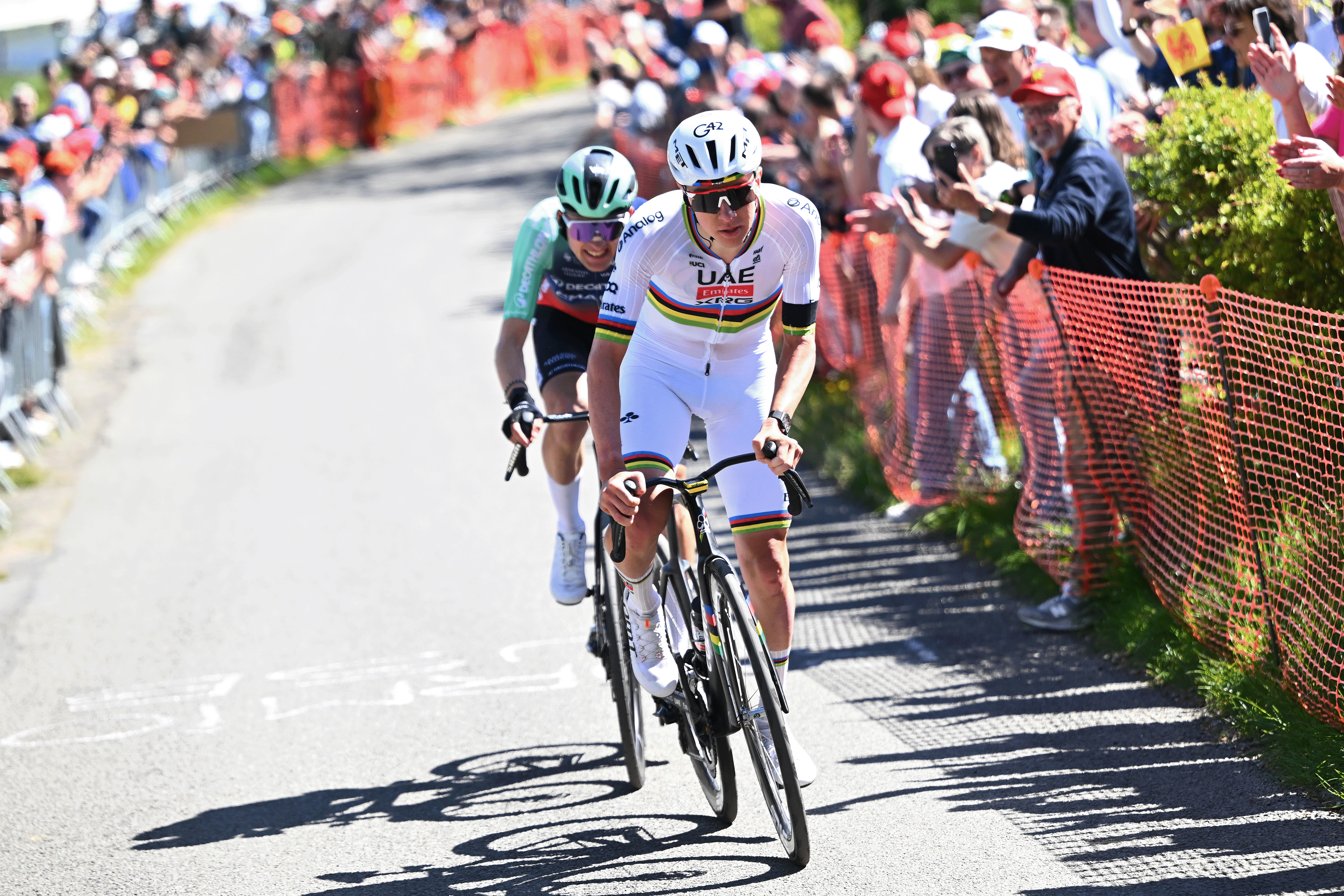 LIEGE, BELGIUM - APRIL 26: (L-R) Paul Seixas of France and Team Decathlon CMA CGM and Tadej Pogacar of Slovenia and UAE Team Emirates - XRG compete in the breakaway during the 112th Liege - Bastogne - Liege 2026 - Men's Elite a 259.5km one day race from Liege to Liege / #UCIWT / on April 26, 2026 in Liege, Belgium. (Photo by Vincent Kalut - Pool/Getty Images)