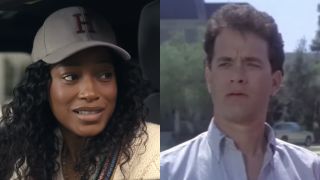 Samira (Keke Palmer) talks to a neighbor on The 'Burbs, while Ray Peterson (Tom Hanks) looks ahead in The 'Burbs.