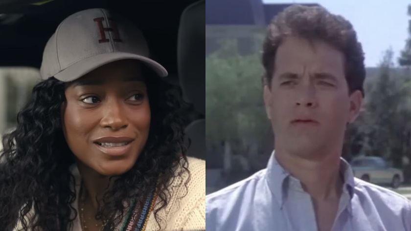 Samira (Keke Palmer) talks to a neighbor on The 'Burbs, while Ray Peterson (Tom Hanks) looks ahead in The 'Burbs.