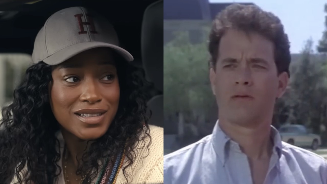 Samira (Keke Palmer) talks to a neighbor on The 'Burbs, while Ray Peterson (Tom Hanks) looks ahead in The 'Burbs.