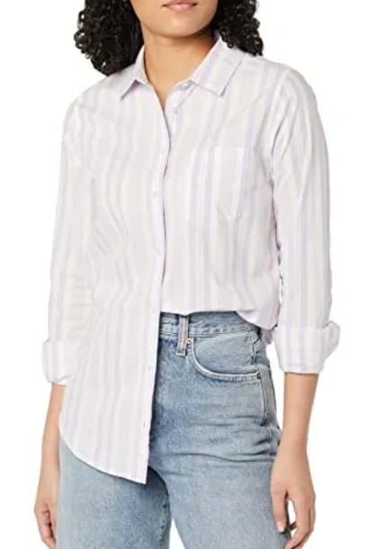 Amazon Essentials Women's Regular-Fit Long-Sleeve Button-Down Poplin Shirt, Lilac White Variegated Stripe, Medium