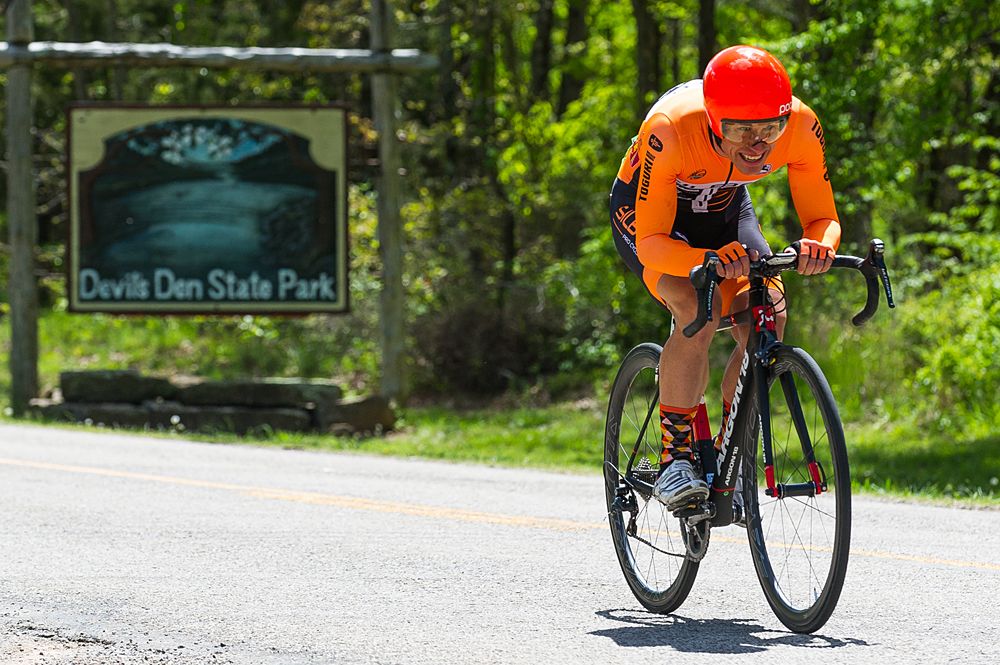 A riders leaves Devils Den State Park with approximately 1 km to the finish.