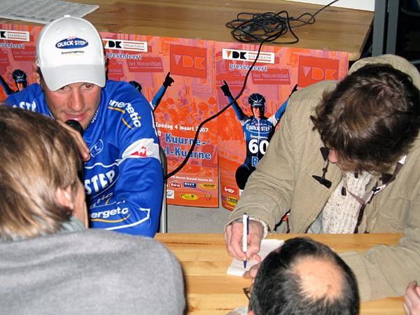 Chatting with reporters at Kuurne-Brussels-Kuurne.