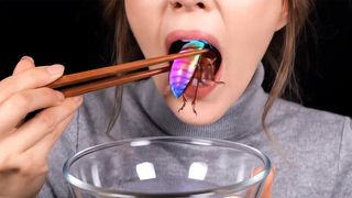 An AI-generated image of a girl eating with chopsticks from an AI ASMR video