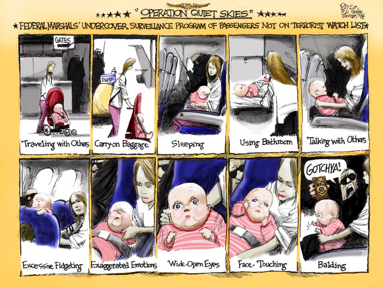 Political cartoon U.S. Operation quiet skies terrorist watch-list surveillance