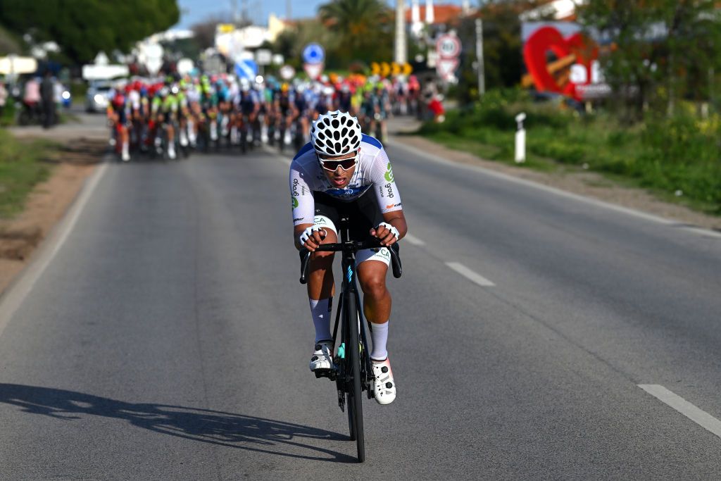 TAVIRA PORTUGAL FEBRUARY 16 Carlos Miguel Salgueiro of Portugal and Team APHotels Resorts Tavira SC Farense competes in the breakaway during the 50th Volta ao Algarve em Bicicleta 2024 Stage 3 a 1922km stage from Vila Real de Santo Antonio to Tavira on February 16 2024 in Tavira Portugal Photo by Dario BelingheriGetty Images