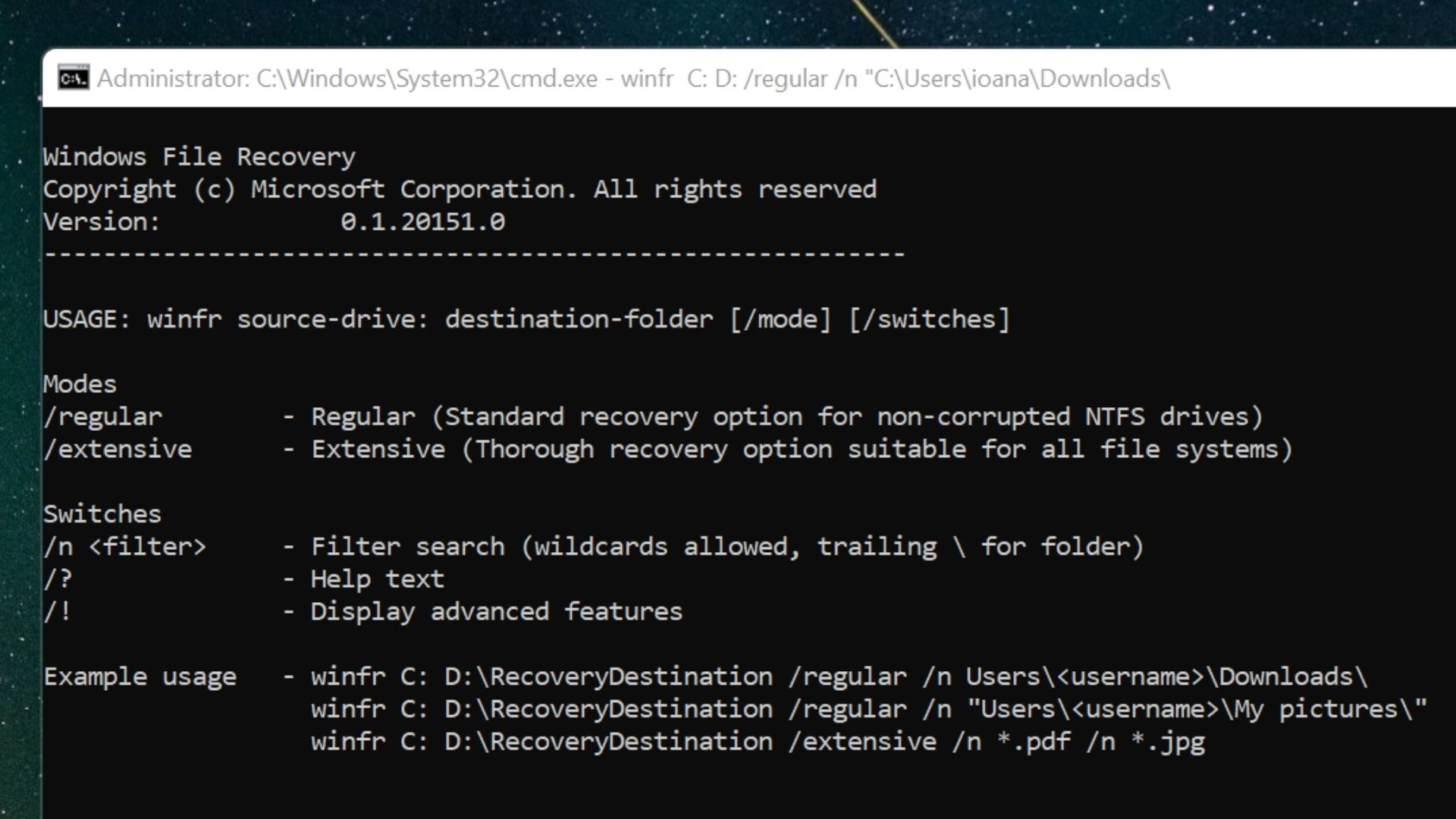 Screenshot of Windows File Recovery command line