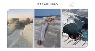 A collage of images featuring a travel guide to Milos, Greece.