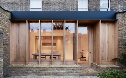 exterior with timber slats at Dewsbury Road House extension