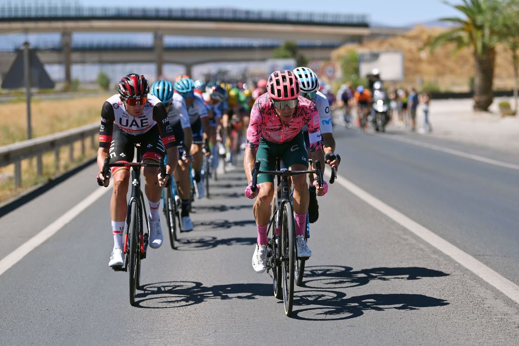 SIERRA NEVADAGRANADA SPAIN SEPTEMBER 04 LR Brandon Mcnulty of United States and UAE Team Emirates and Rigoberto Uran Uran of Colombia and Team EF Education Easypost compete in the breakaway during the 77th Tour of Spain 2022 Stage 15 a 1526km stage from Martos to Sierra Nevada Granada LaVuelta22 WorldTour on September 04 2022 in Sierra Nevada Spain Photo by Justin SetterfieldGetty Images